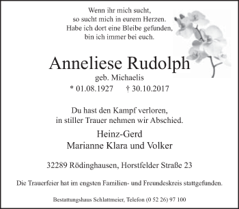 Traueranzeige von Anneliese Rudolph von Neue Westfälische