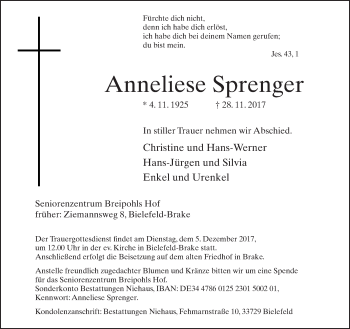 Traueranzeige von Anneliese Sprenger von Neue Westfälische