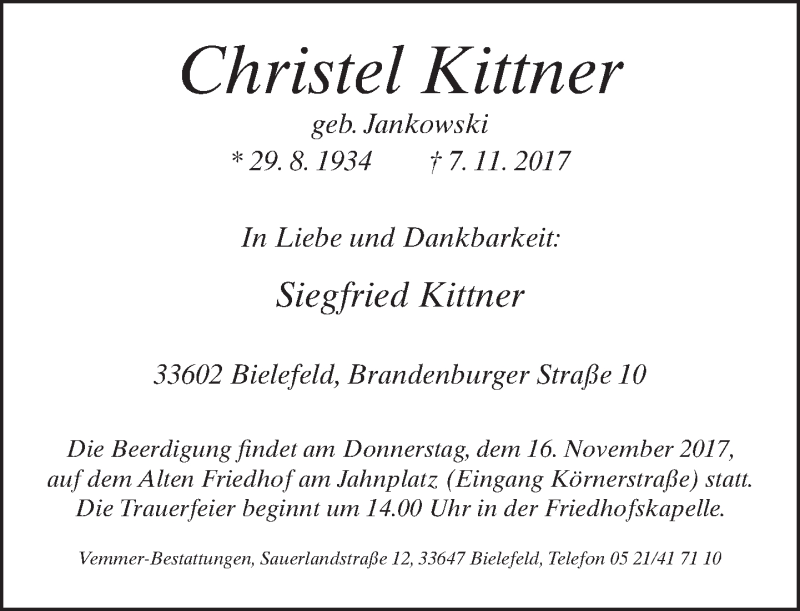  Traueranzeige für Christel Kittner vom 11.11.2017 aus Neue Westfälische