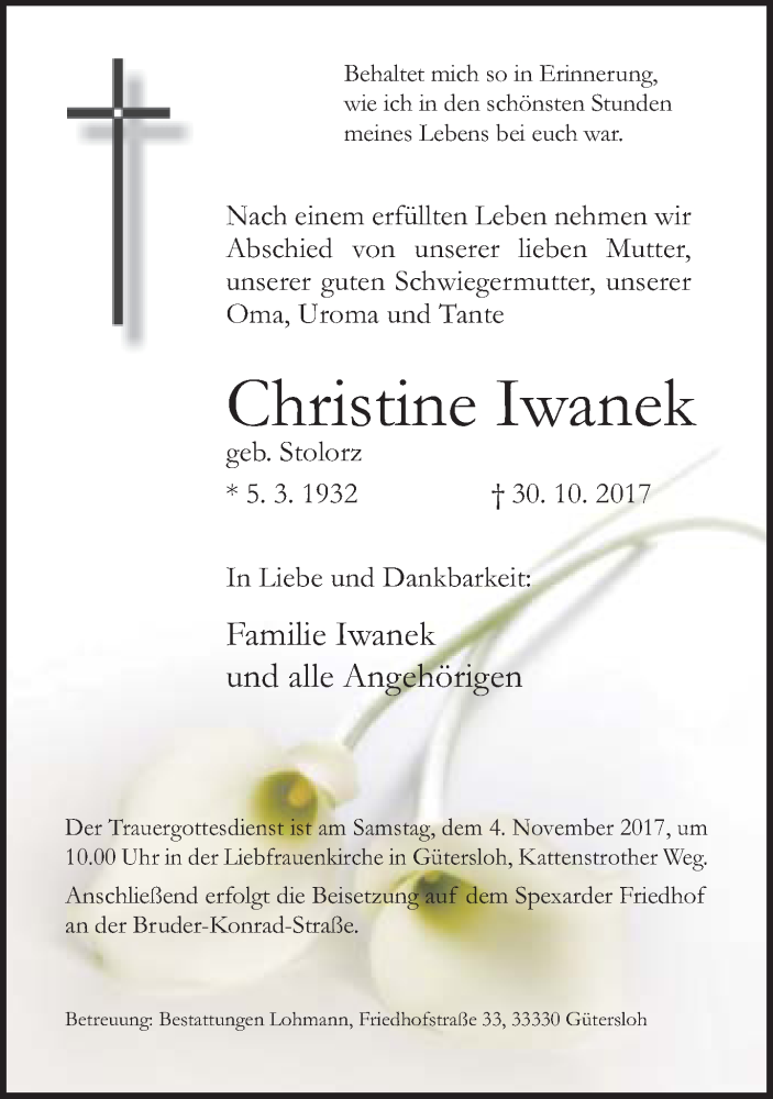  Traueranzeige für Christine Iwanek vom 03.11.2017 aus Neue Westfälische