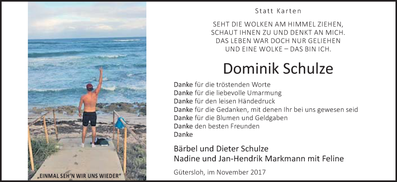  Traueranzeige für Dominik Schulze vom 18.11.2017 aus Neue Westfälische