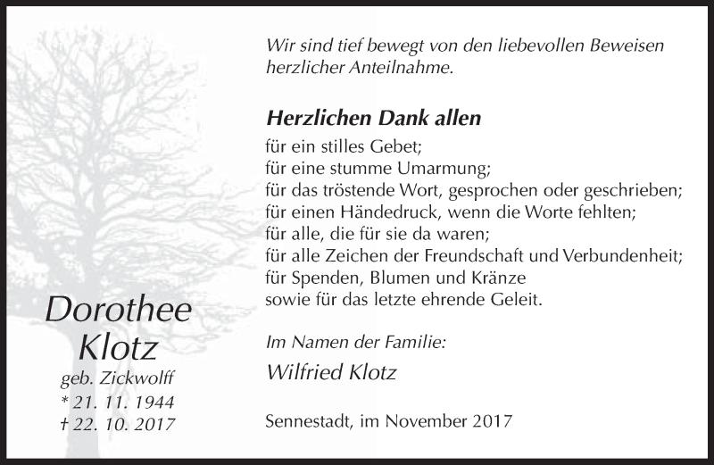  Traueranzeige für Dorothee Klotz vom 21.11.2017 aus Neue Westfälische