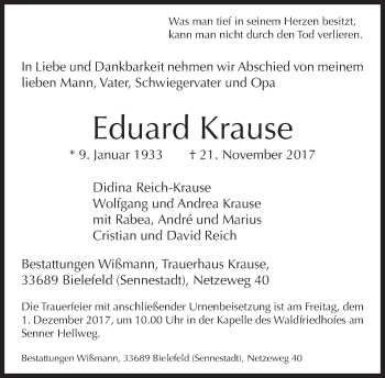 Traueranzeige von Eduard Krause von Neue Westfälische