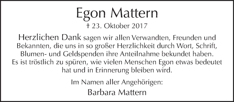  Traueranzeige für Egon Mattern vom 25.11.2017 aus Neue Westfälische