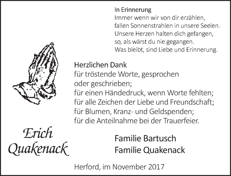  Traueranzeige für Erich Quakenack vom 04.11.2017 aus Neue Westfälische
