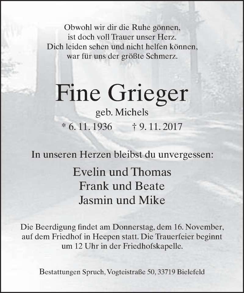 Traueranzeige für Fine Grieger vom 14.11.2017 aus Neue Westfälische