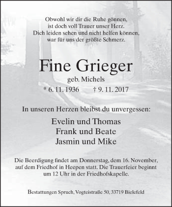 Traueranzeige von Fine Grieger von Neue Westfälische