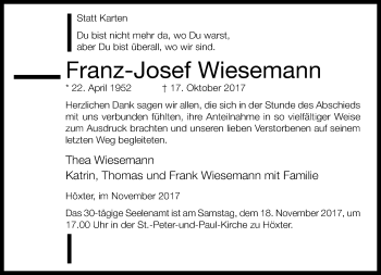 Traueranzeige von Franz-Josef Wiesemann von Neue Westfälische