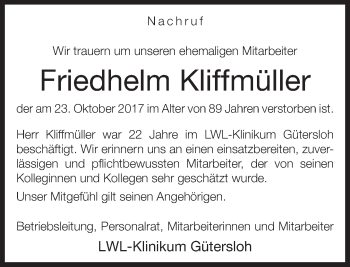 Traueranzeige von Friedhelm Kliffmüller von Neue Westfälische