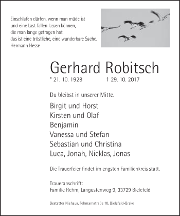 Traueranzeige von Gerhard Robitsch von Neue Westfälische