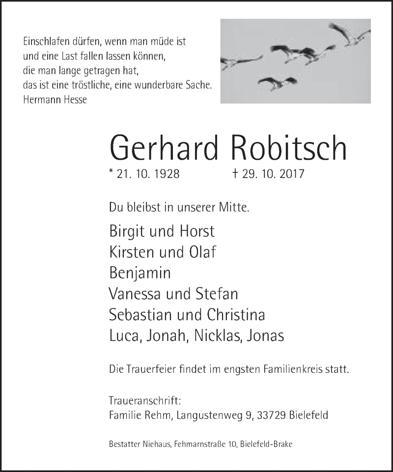 Traueranzeige für Gerhard Robitsch vom 04.11.2017 aus Neue Westfälische