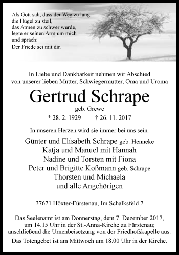 Traueranzeige von Gertrud Schrape von Neue Westfälische