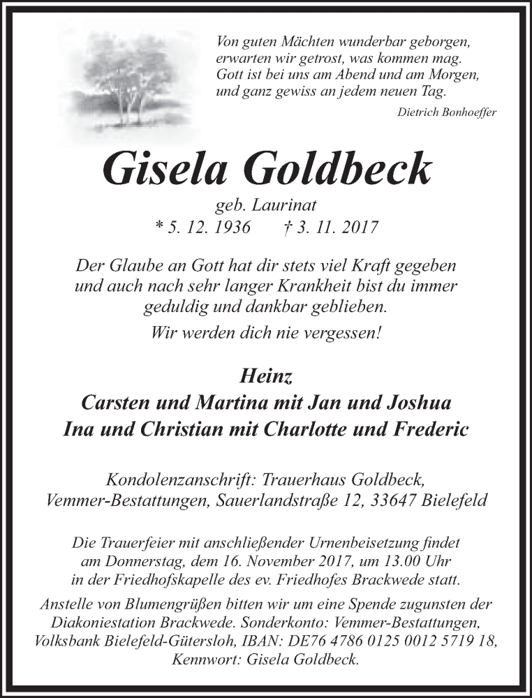  Traueranzeige für Gisela Goldbeck vom 11.11.2017 aus Neue Westfälische