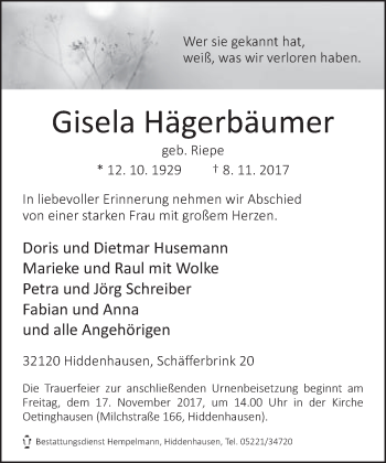 Traueranzeige von Gisela Hägerbäumer von Neue Westfälische