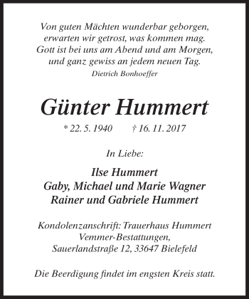 Traueranzeige von Günter Hummert von Neue Westfälische