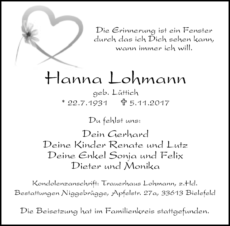  Traueranzeige für Hanna Lohmann vom 25.11.2017 aus Neue Westfälische
