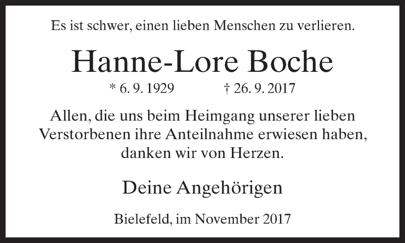  Traueranzeige für Hanne-Lore Boche vom 04.11.2017 aus Neue Westfälische