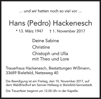 Traueranzeige von Hans Hackenesch von Neue Westfälische