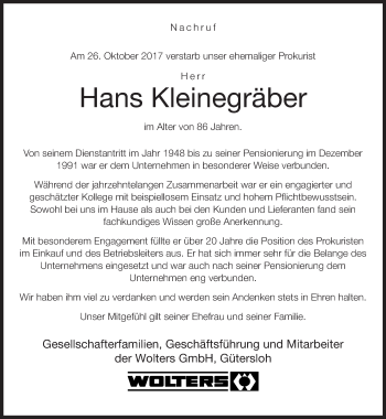 Traueranzeige von Hans Kleinegräber von Neue Westfälische