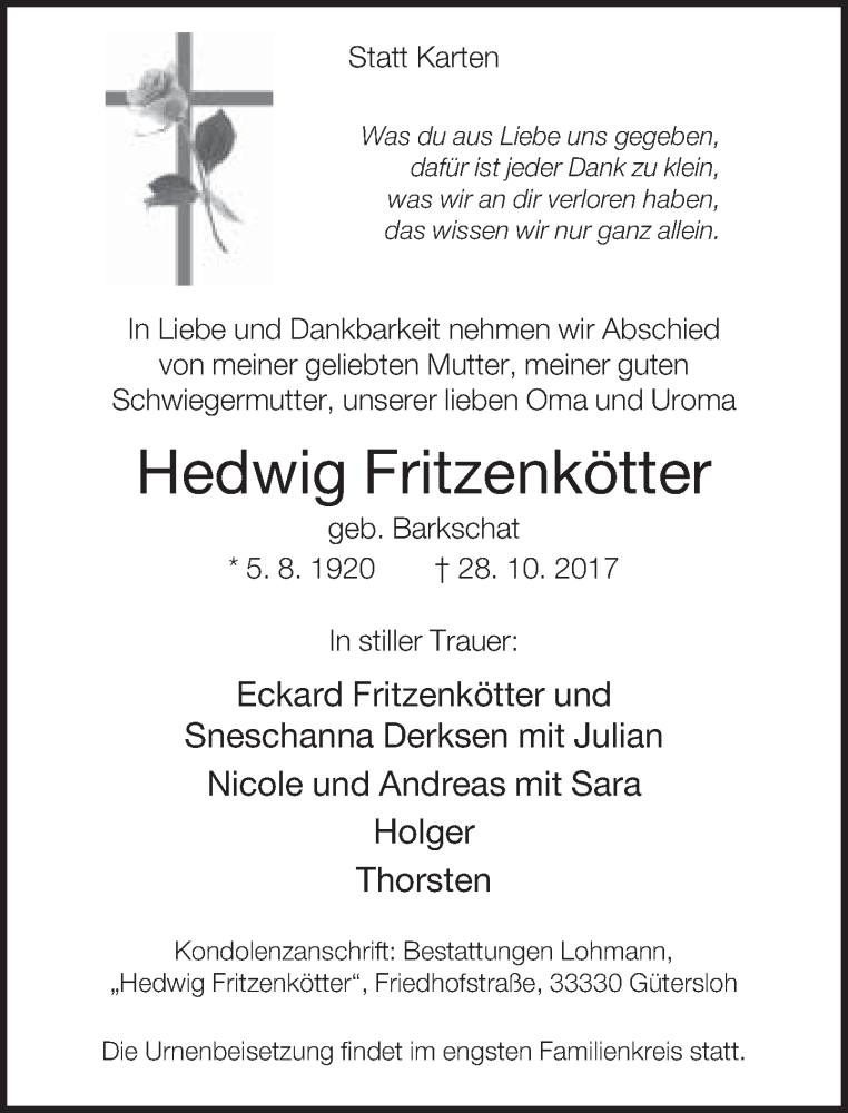  Traueranzeige für Hedwig Fritzenkötter vom 04.11.2017 aus Neue Westfälische