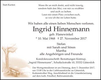 Traueranzeige von Ingrid Hinnemann von Neue Westfälische