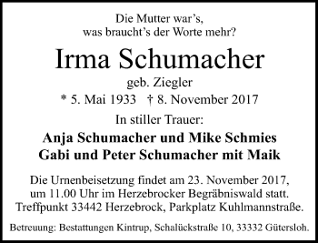 Traueranzeige von Irma Schumacher von Neue Westfälische