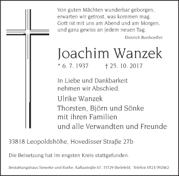Traueranzeige von Joachim Wanzek von Neue Westfälische