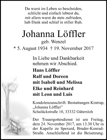Traueranzeige von Johanna Löffler von Neue Westfälische