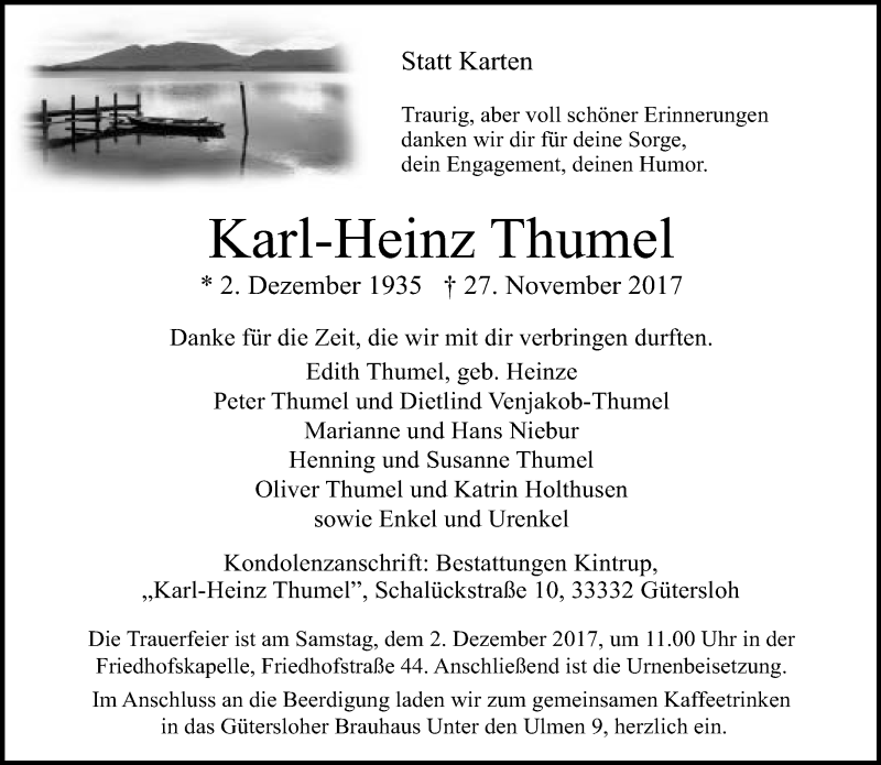  Traueranzeige für Karl-Heinz Thumel vom 29.11.2017 aus Neue Westfälische