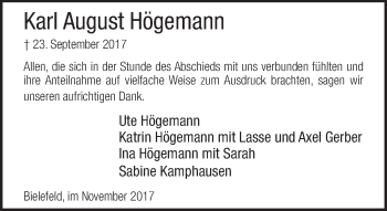 Traueranzeige von Karl August Högemann von Neue Westfälische