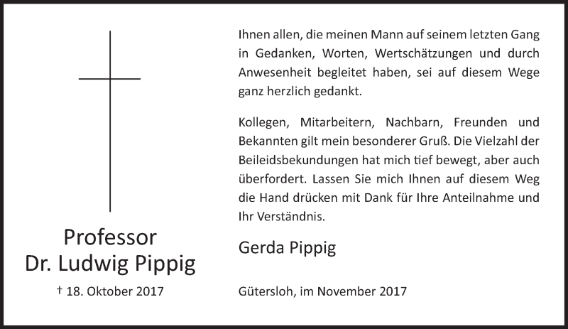  Traueranzeige für Ludwig Pippig vom 18.11.2017 aus Neue Westfälische