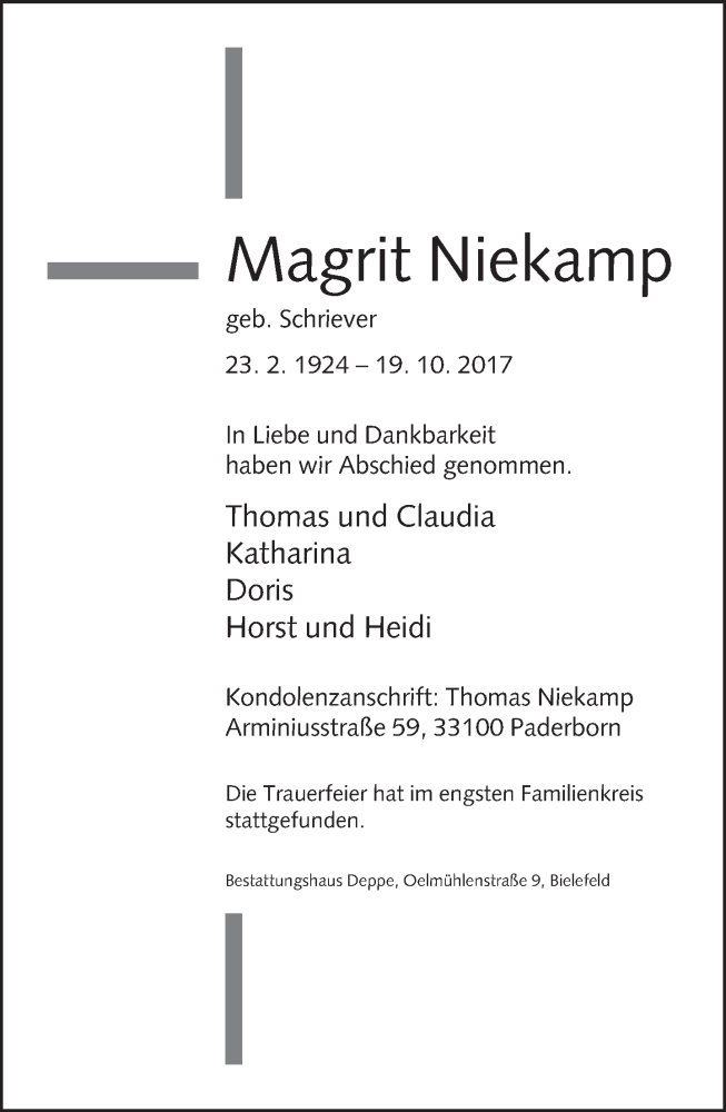  Traueranzeige für Magrit Niekamp vom 11.11.2017 aus Neue Westfälische