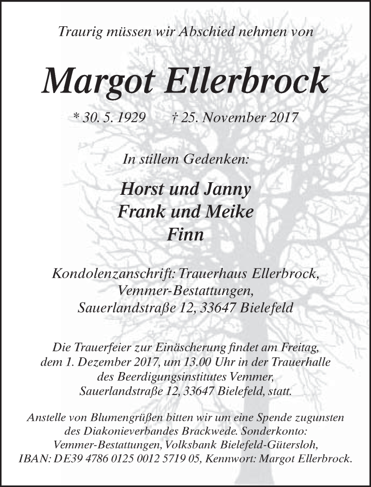  Traueranzeige für Margot Ellerbrock vom 28.11.2017 aus Neue Westfälische