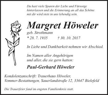 Traueranzeige von Margret Höweler von Neue Westfälische