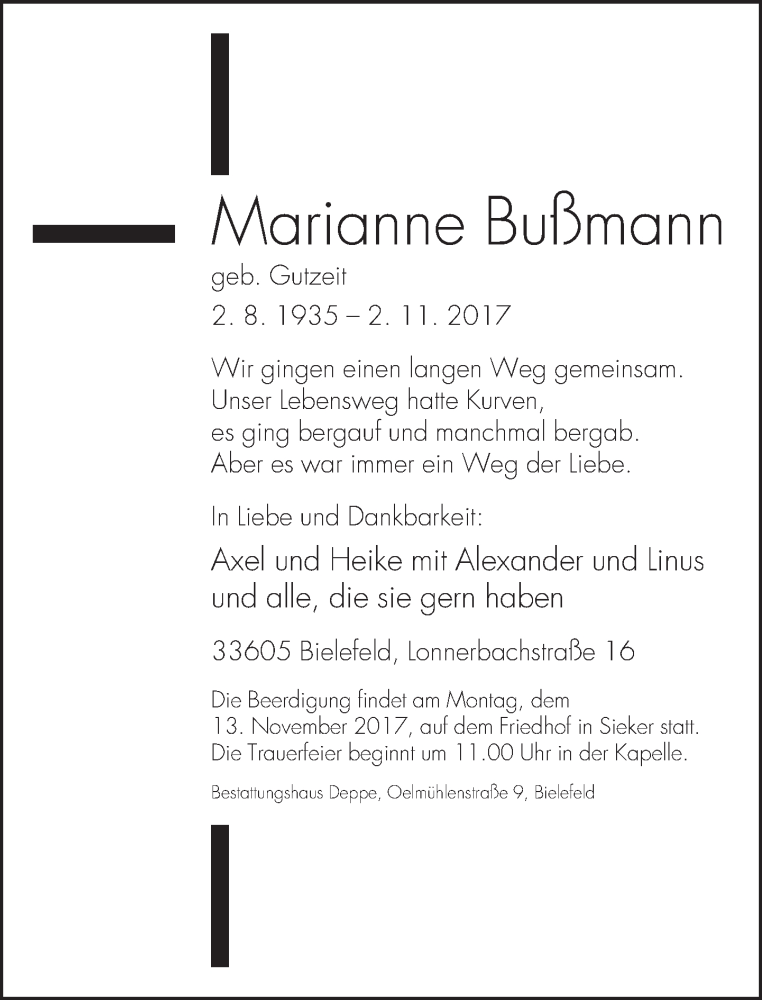  Traueranzeige für Marianne Bußmann vom 07.11.2017 aus Neue Westfälische