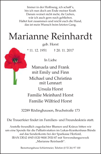 Traueranzeige von Marianne Reinhardt von Neue Westfälische