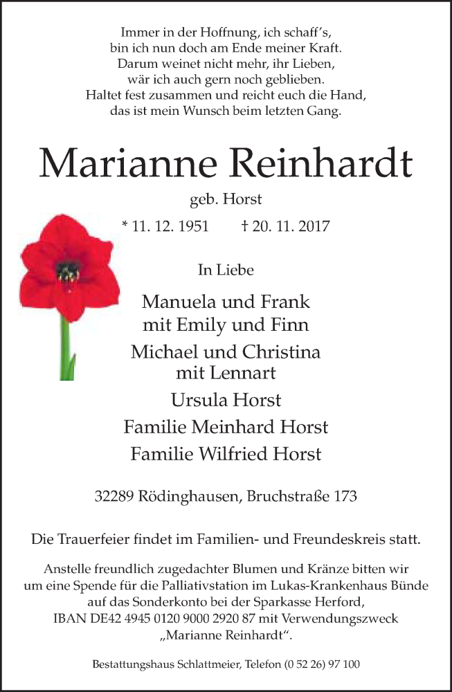  Traueranzeige für Marianne Reinhardt vom 22.11.2017 aus Neue Westfälische