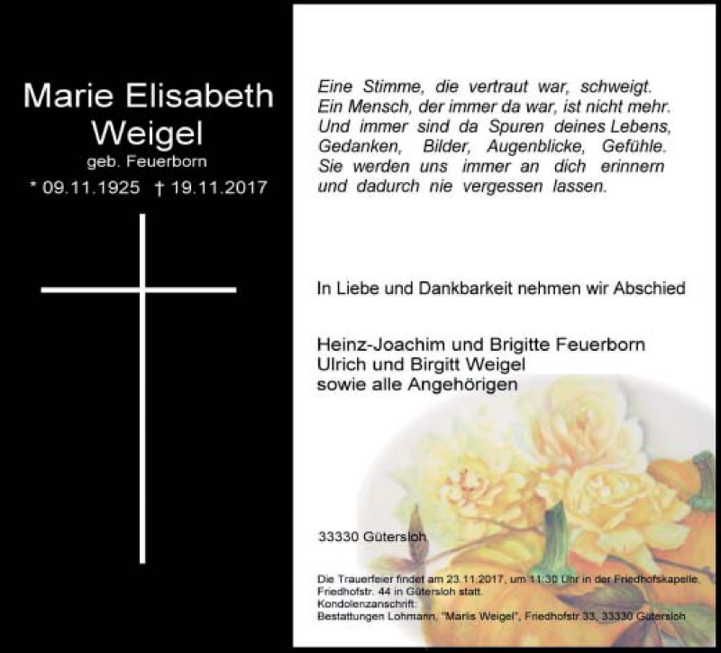  Traueranzeige für Marie Elisabeth Weigel vom 22.11.2017 aus Neue Westfälische