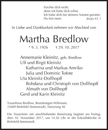 Traueranzeige von Martha Bredlow von Neue Westfälische