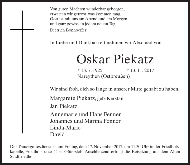  Traueranzeige für Oskar Piekatz vom 16.11.2017 aus Neue Westfälische