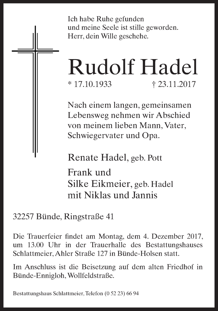  Traueranzeige für Rudolf Hadel vom 27.11.2017 aus Neue Westfälische