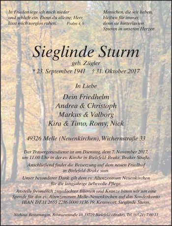 Traueranzeige von Sieglinde Sturm von Neue Westfälische