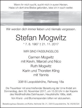 Traueranzeige von Stefan Mogwitz von Neue Westfälische