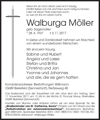 Traueranzeige von Walburga Möller von Neue Westfälische