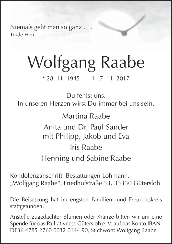  Traueranzeige für Wolfgang Raabe vom 28.11.2017 aus Neue Westfälische