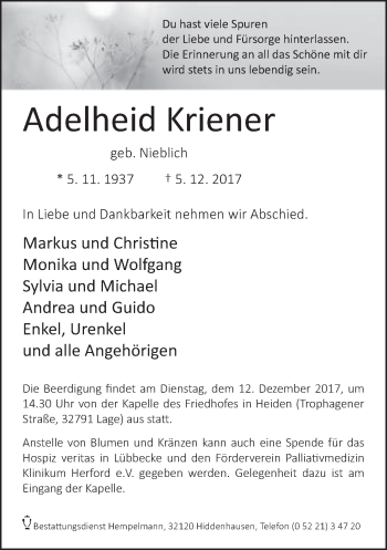 Traueranzeige von Adelheid Kriener von Neue Westfälische
