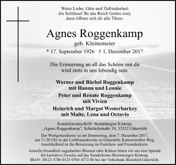 Traueranzeige von Agnes Roggenkamp von Neue Westfälische