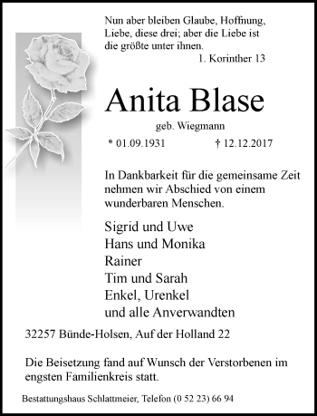 Traueranzeige von Anita Blase von Neue Westfälische
