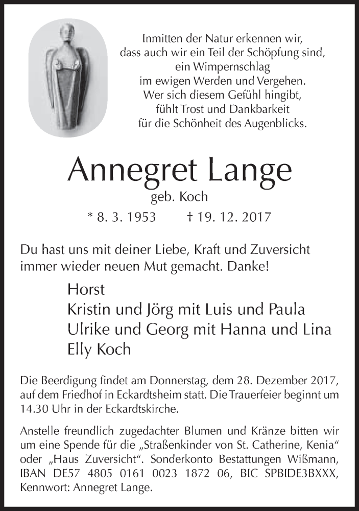  Traueranzeige für Annegret Lange vom 23.12.2017 aus Neue Westfälische