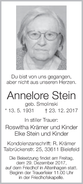 Traueranzeige von Annelore Stein von Neue Westfälische